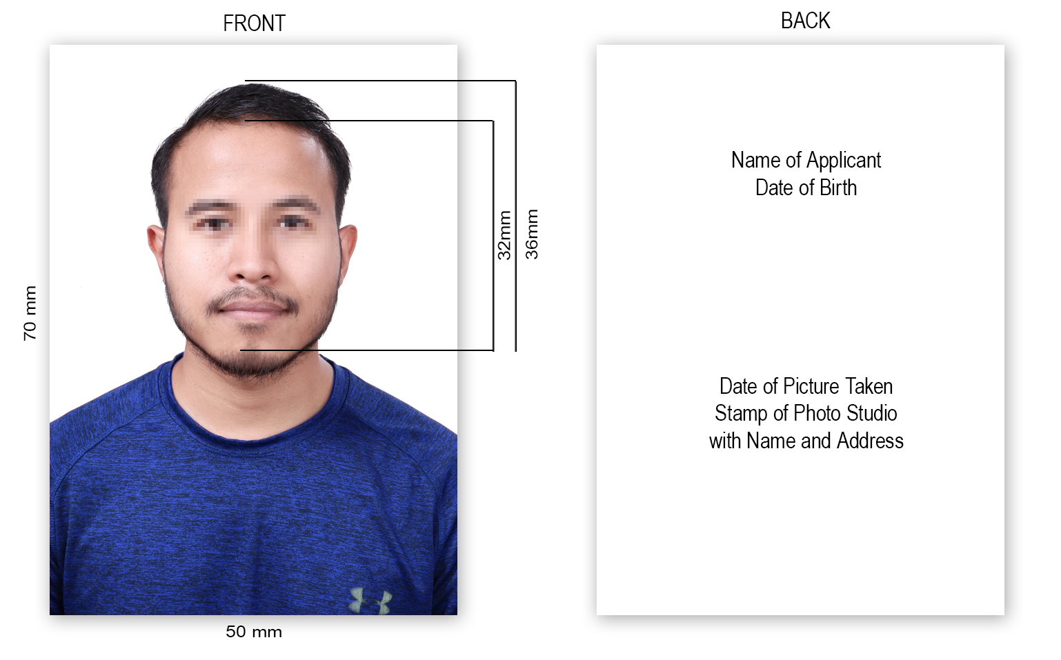 Canada visa photo size sample – 50mm x 70mm with face height 36mm and eye level at 32mm, meeting IRCC specifications for permanent resident application photo in 2025